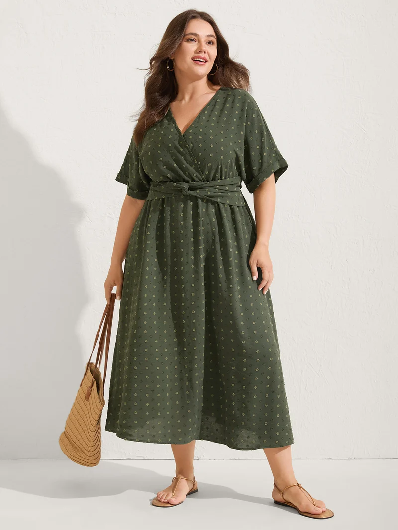 Textured Pleated Twist Waist Midi Dress