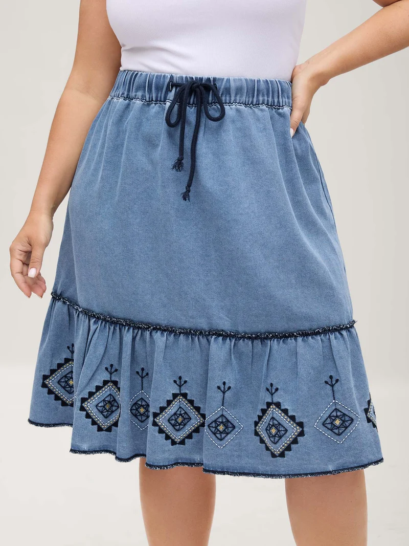 Boho Embroidery Ruffled Hem Denim Skirt