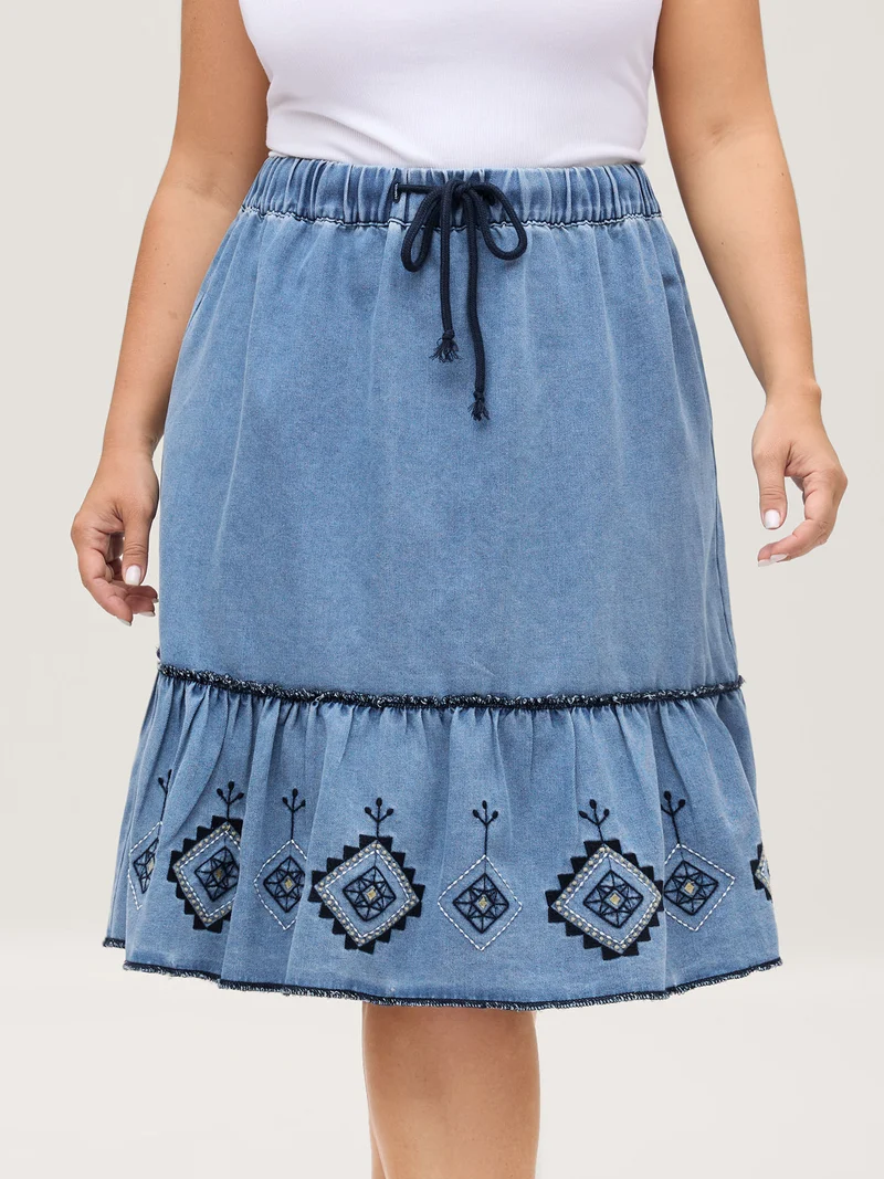 Boho Embroidery Ruffled Hem Denim Skirt
