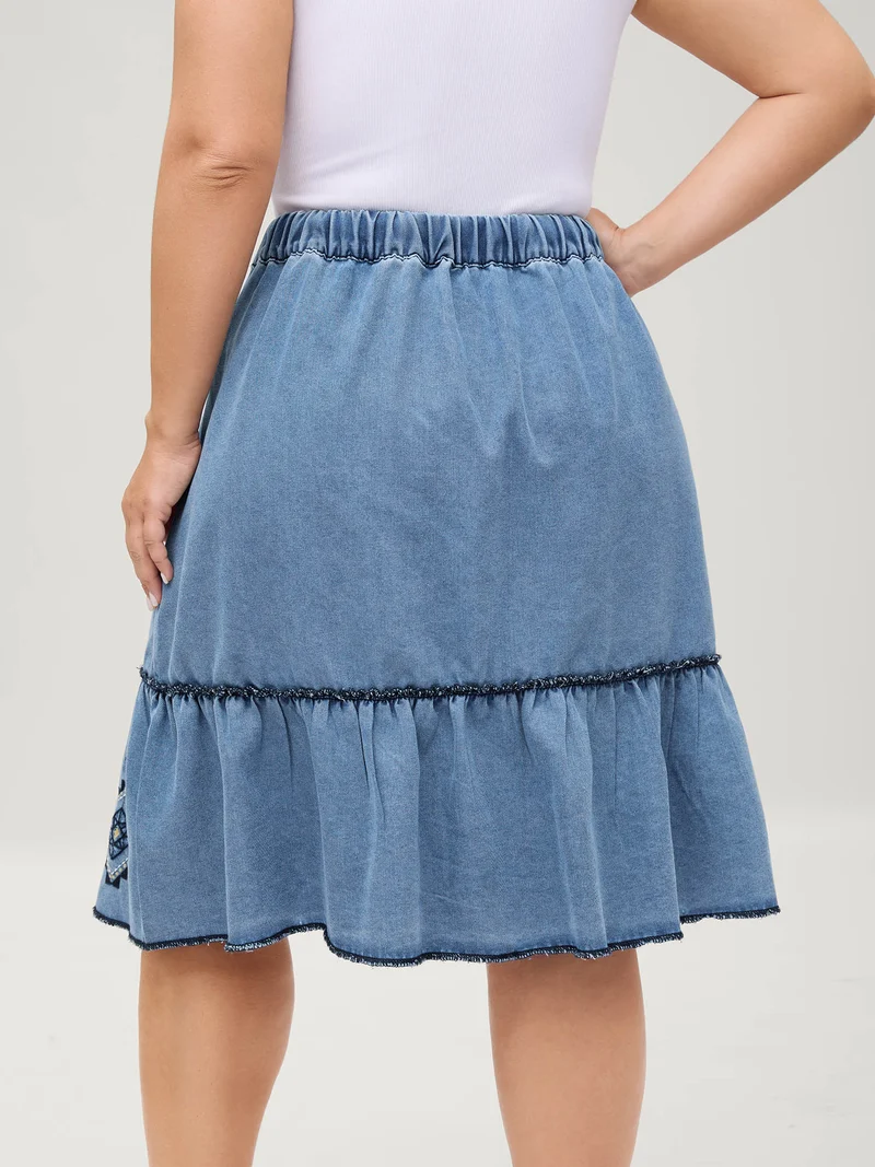 Boho Embroidery Ruffled Hem Denim Skirt