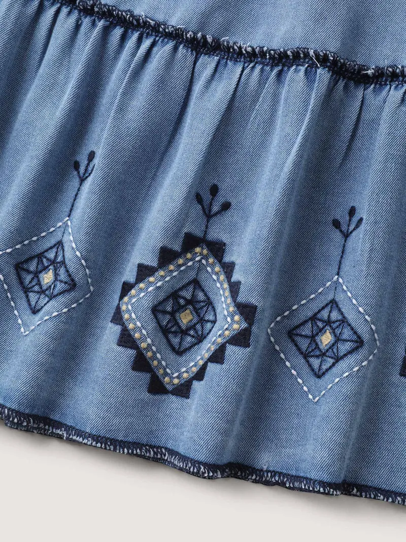 Boho Embroidery Ruffled Hem Denim Skirt