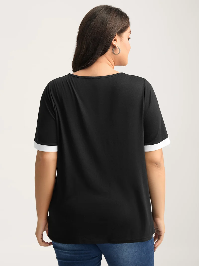 Stretchy Floral Lace Color Contrast T-Shirt