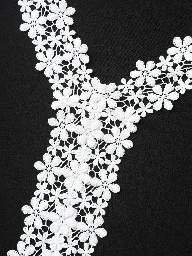Stretchy Floral Lace Color Contrast T-Shirt