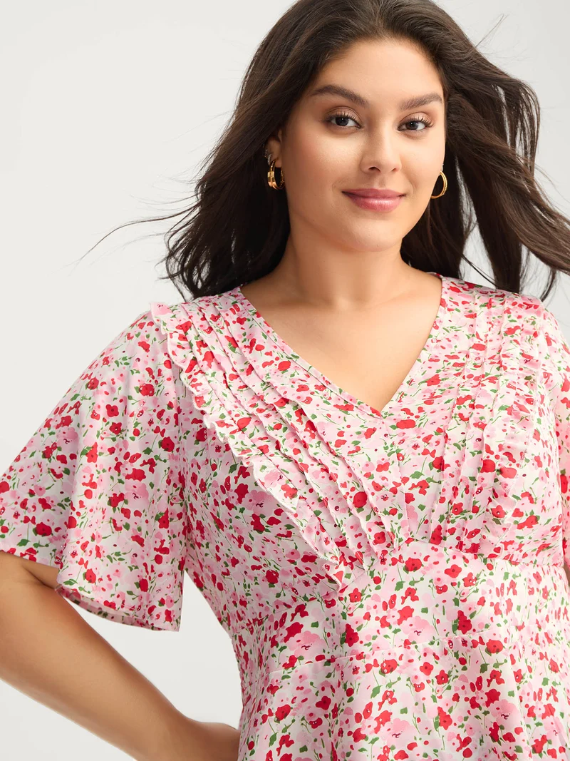 Floral Silver Stamp Shirred Waist Blouse