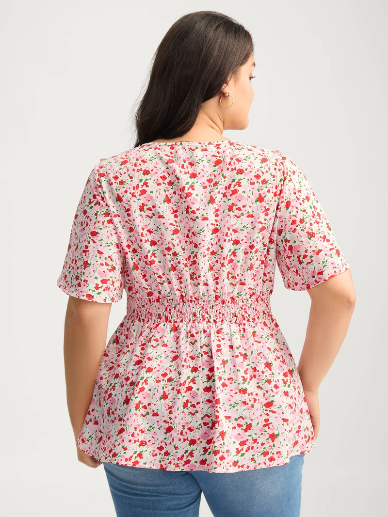 Floral Silver Stamp Shirred Waist Blouse