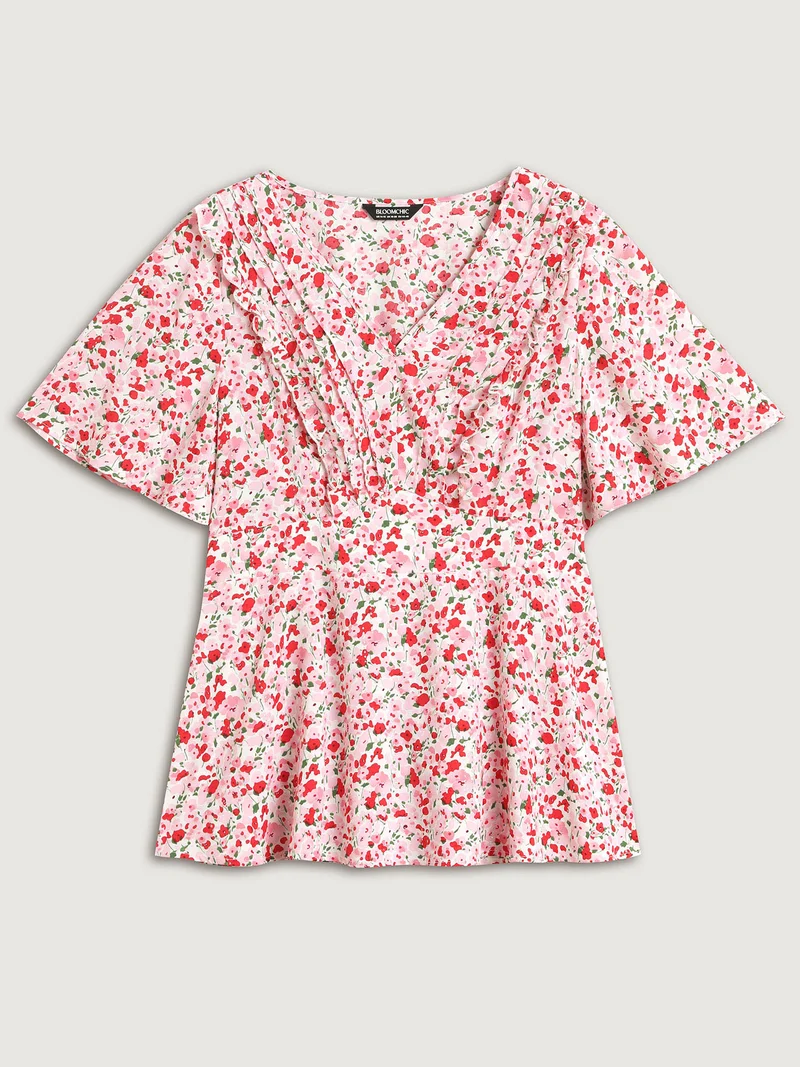 Floral Silver Stamp Shirred Waist Blouse