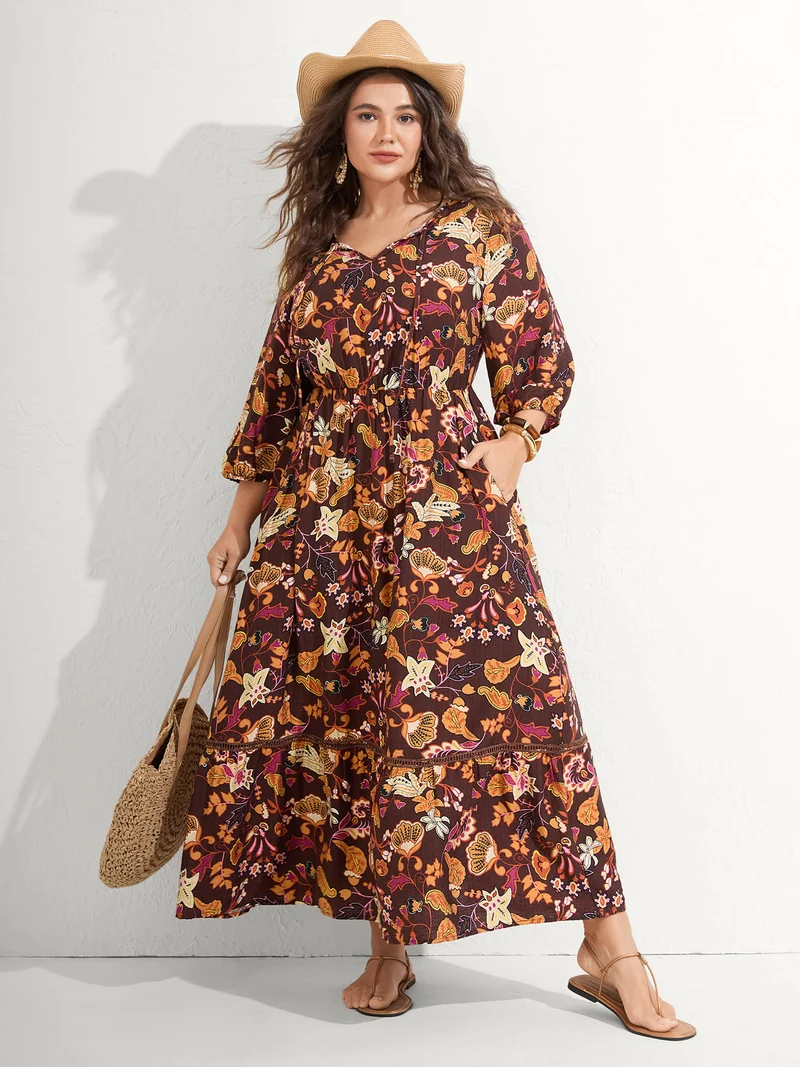 Boho Print Stretchy Waist Maxi Dress