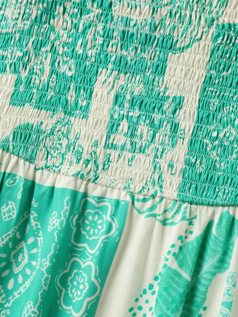 Shirred Bodice Holiday Print Midi Dress