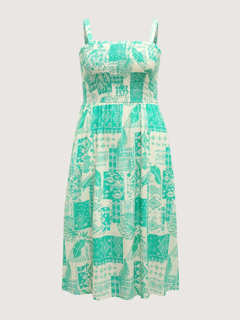 Shirred Bodice Holiday Print Midi Dress
