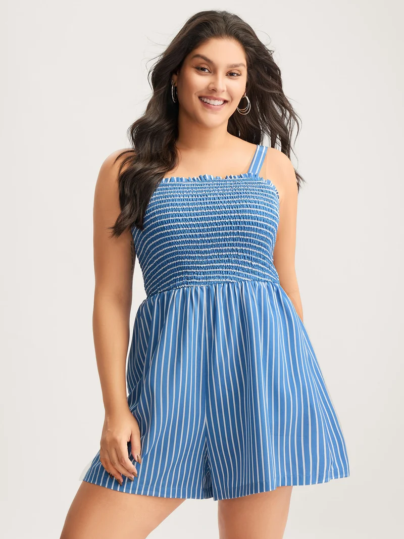 Striped Shirred Bodice Cami Romper