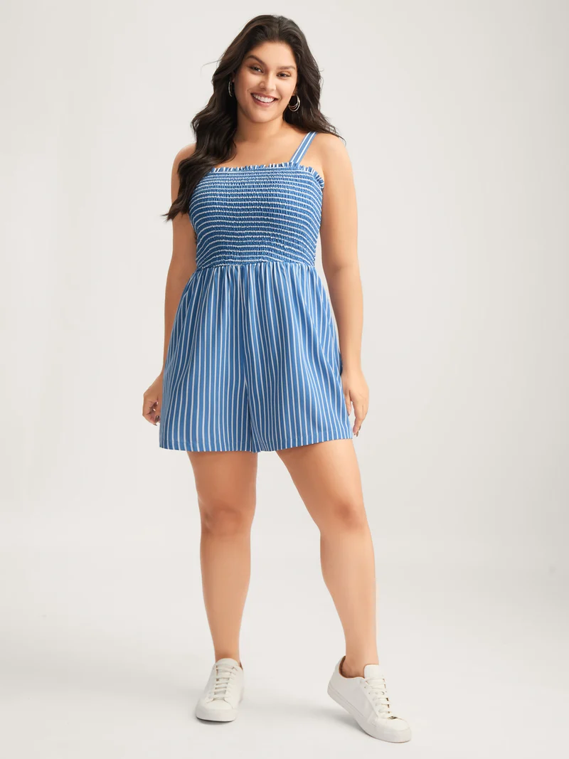 Striped Shirred Bodice Cami Romper