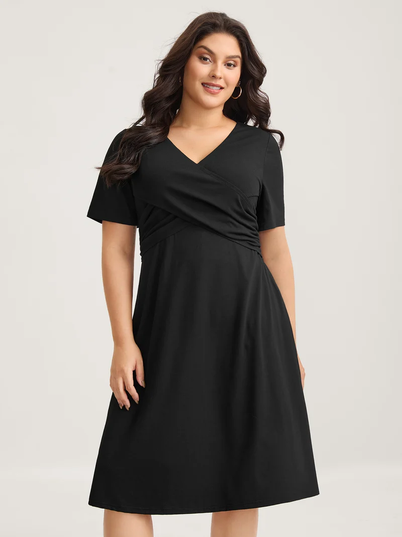 Overlap Bodice Solid Knit Pockets Midi Dress