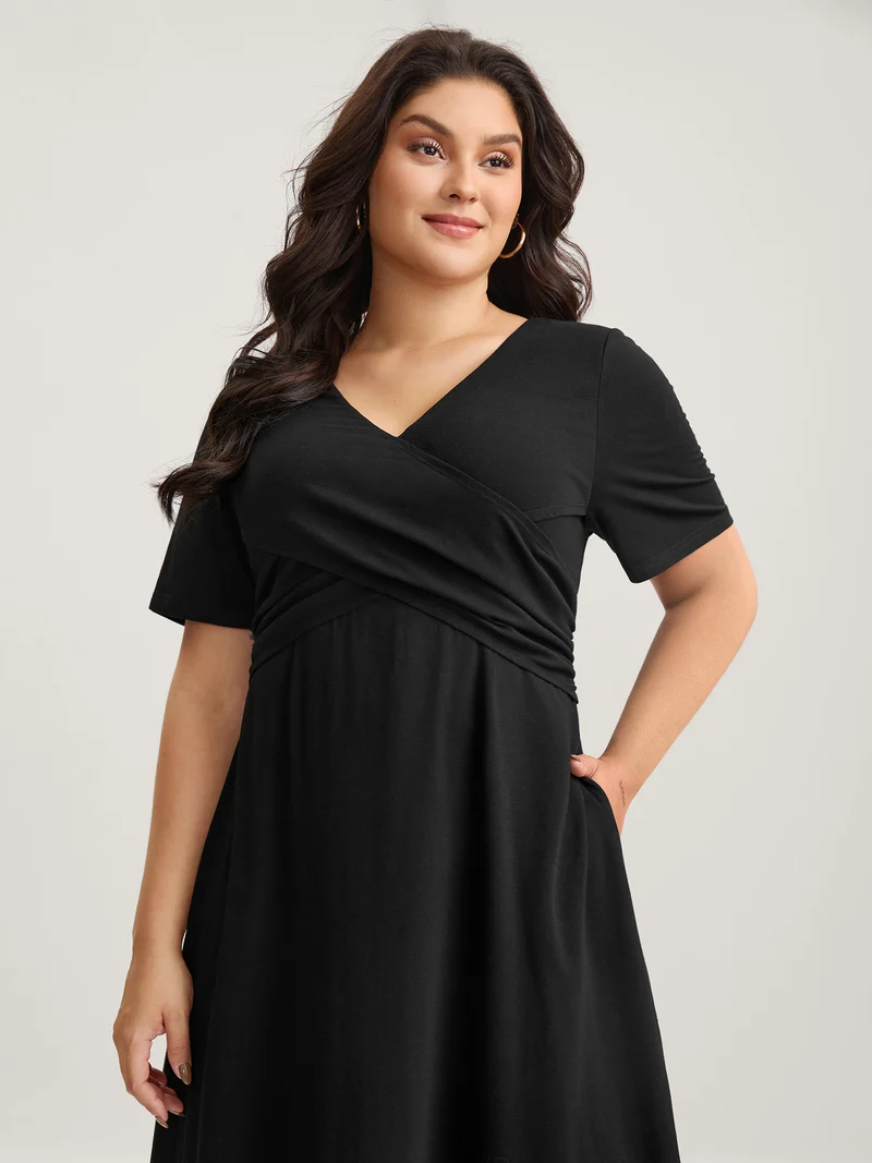 Overlap Bodice Solid Knit Pockets Midi Dress