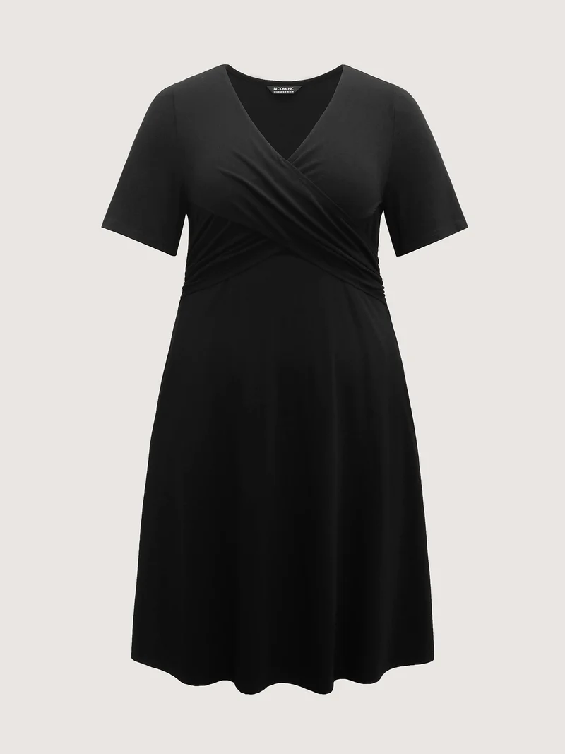 Overlap Bodice Solid Knit Pockets Midi Dress
