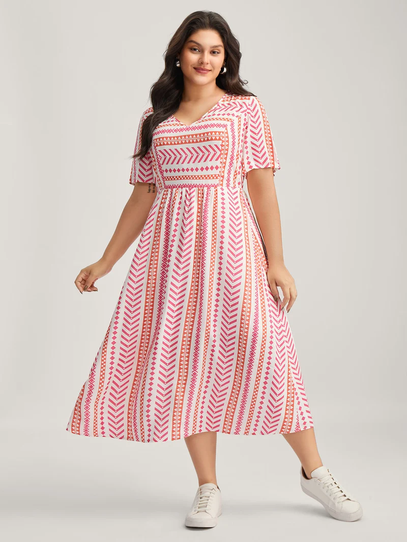 Geometric Stripes V-Neck Midi Dress