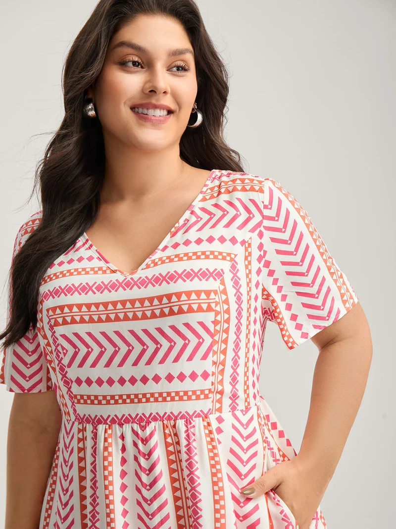 Geometric Stripes V-Neck Midi Dress