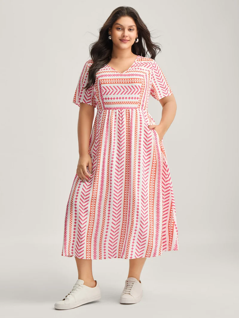 Geometric Stripes V-Neck Midi Dress
