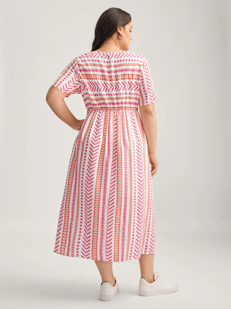 Geometric Stripes V-Neck Midi Dress