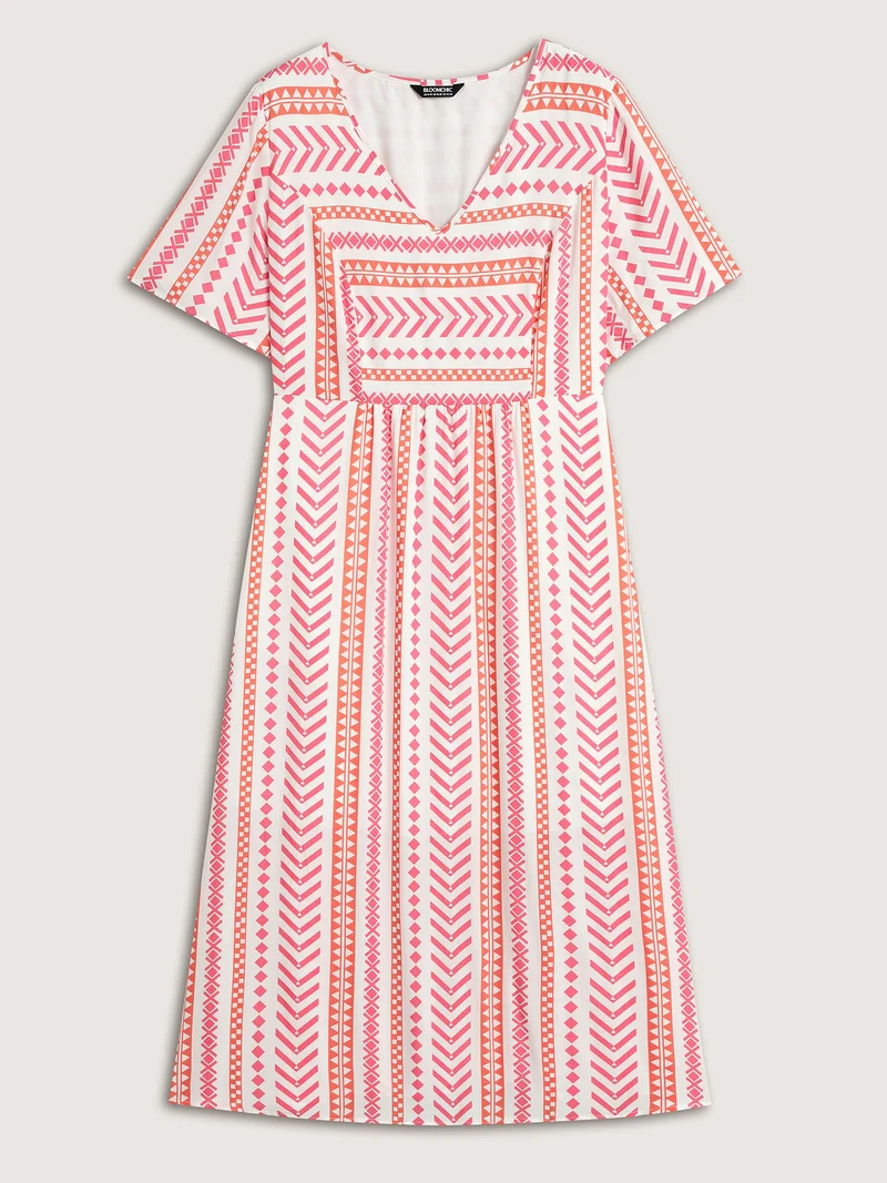 Geometric Stripes V-Neck Midi Dress