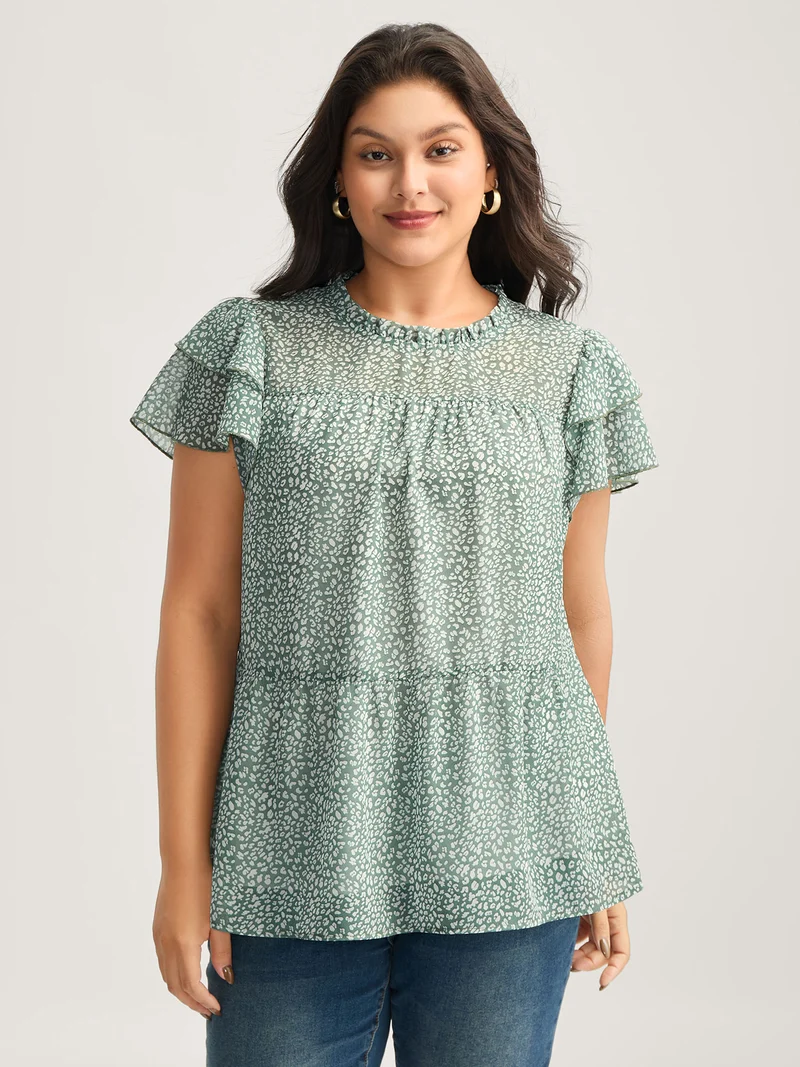 Leopard Print Stretchy Neck Flowy Blouse
