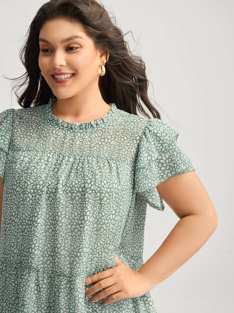 Leopard Print Stretchy Neck Flowy Blouse