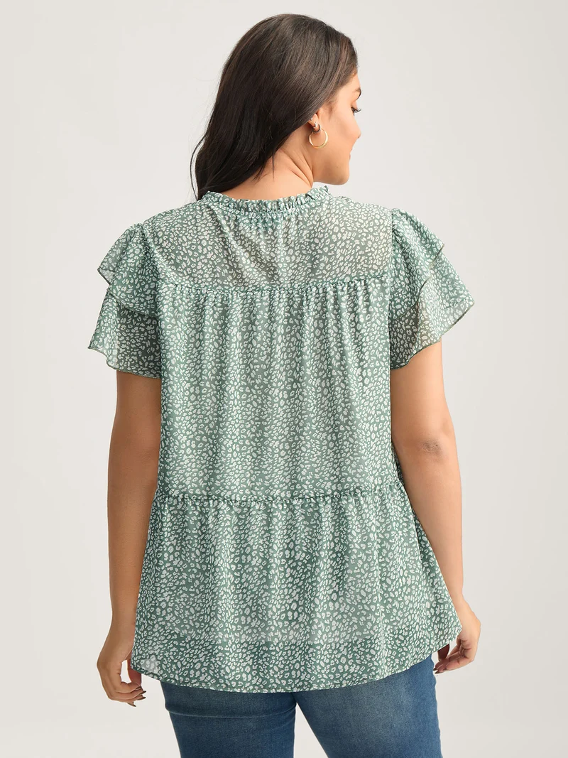 Leopard Print Stretchy Neck Flowy Blouse
