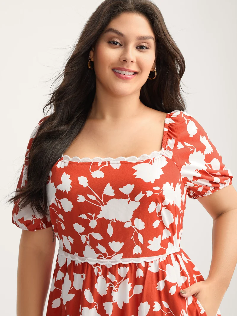Rayon Lace Trim Square Neck Midi Dress