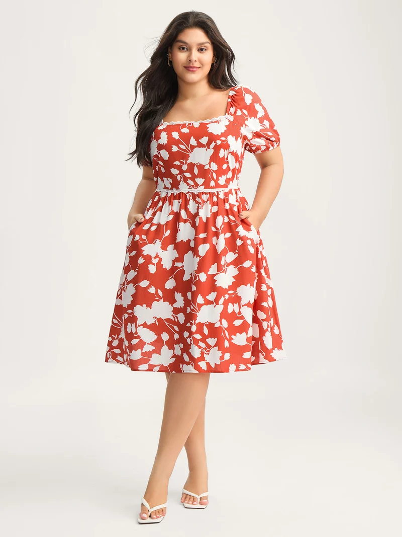 Rayon Lace Trim Square Neck Midi Dress