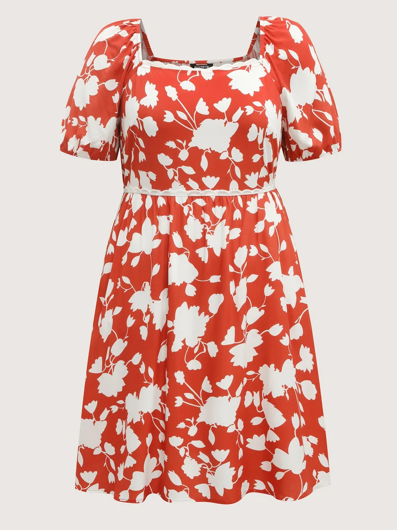 Rayon Lace Trim Square Neck Midi Dress