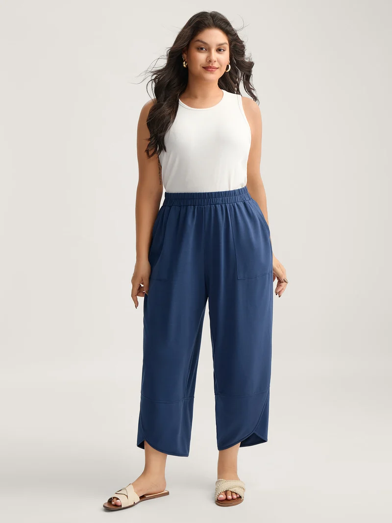 Stretchy Waist Asymmetrical Hem Straight-Leg Pants