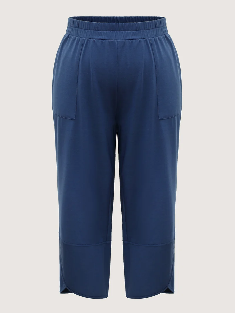 Stretchy Waist Asymmetrical Hem Straight-Leg Pants