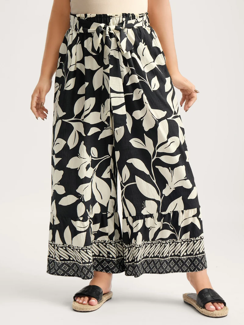 Leafy Ruffled Hem Belted Wide-Leg Pants