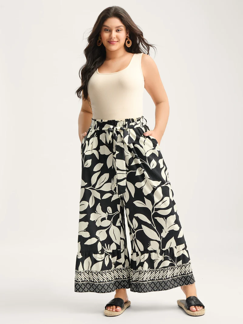 Leafy Ruffled Hem Belted Wide-Leg Pants