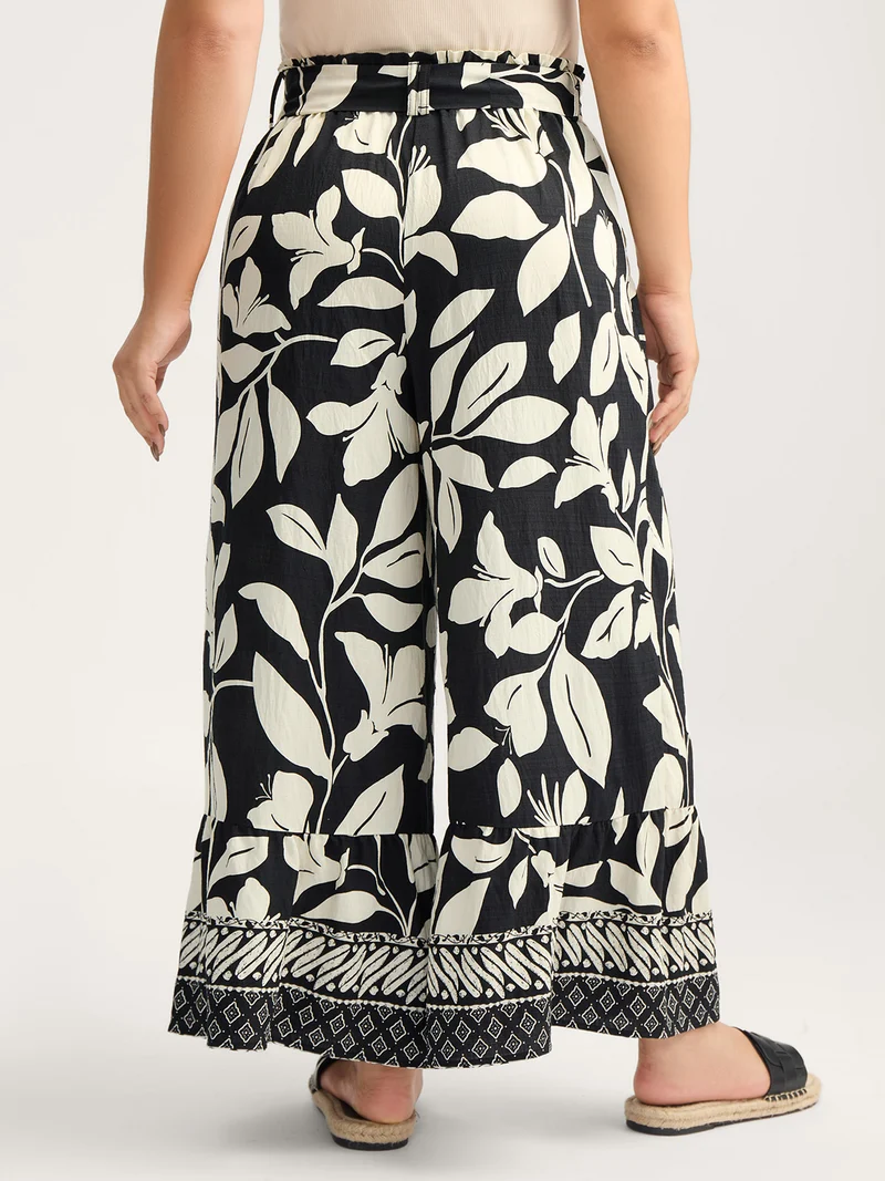 Leafy Ruffled Hem Belted Wide-Leg Pants