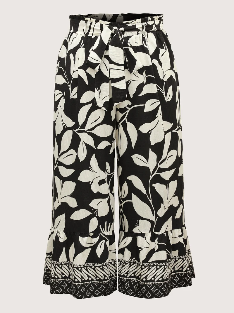 Leafy Ruffled Hem Belted Wide-Leg Pants