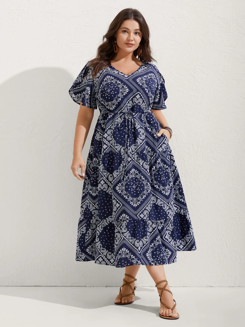 Paisley Print Waist Drawstring Midi Dress