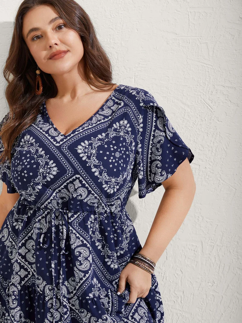 Paisley Print Waist Drawstring Midi Dress
