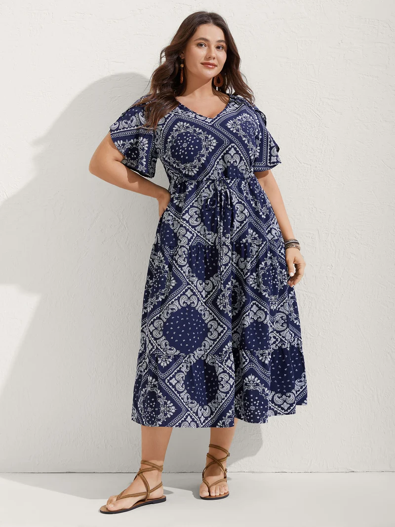 Paisley Print Waist Drawstring Midi Dress