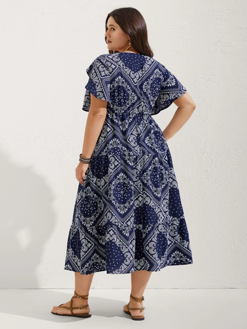 Paisley Print Waist Drawstring Midi Dress