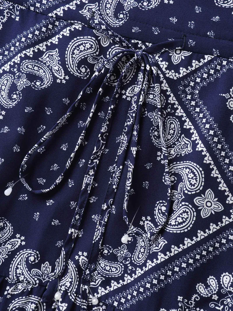 Paisley Print Waist Drawstring Midi Dress