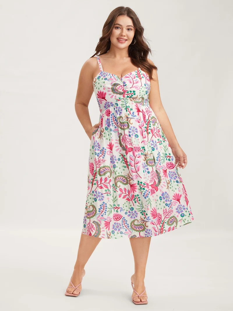 Backless Bow Paisley Print Cami Midi Dress