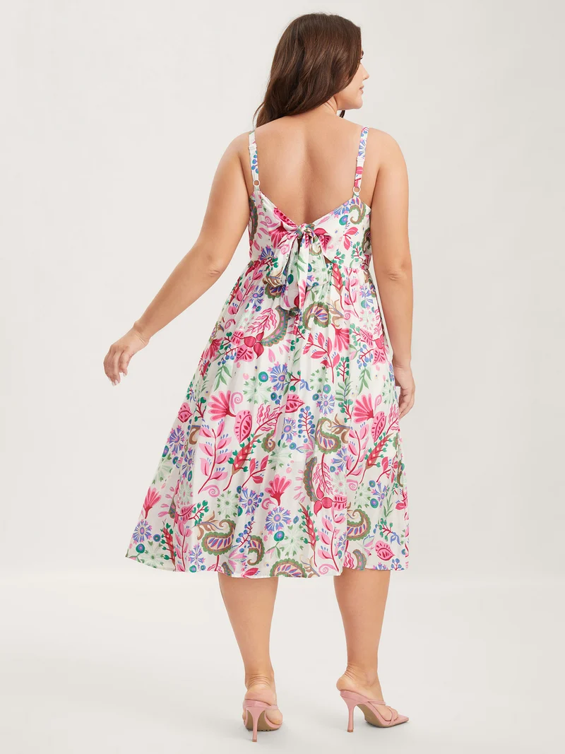 Backless Bow Paisley Print Cami Midi Dress
