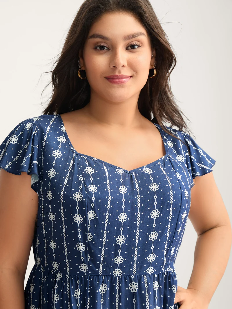 Rayon Floral Stripe Sweetheart Blouse