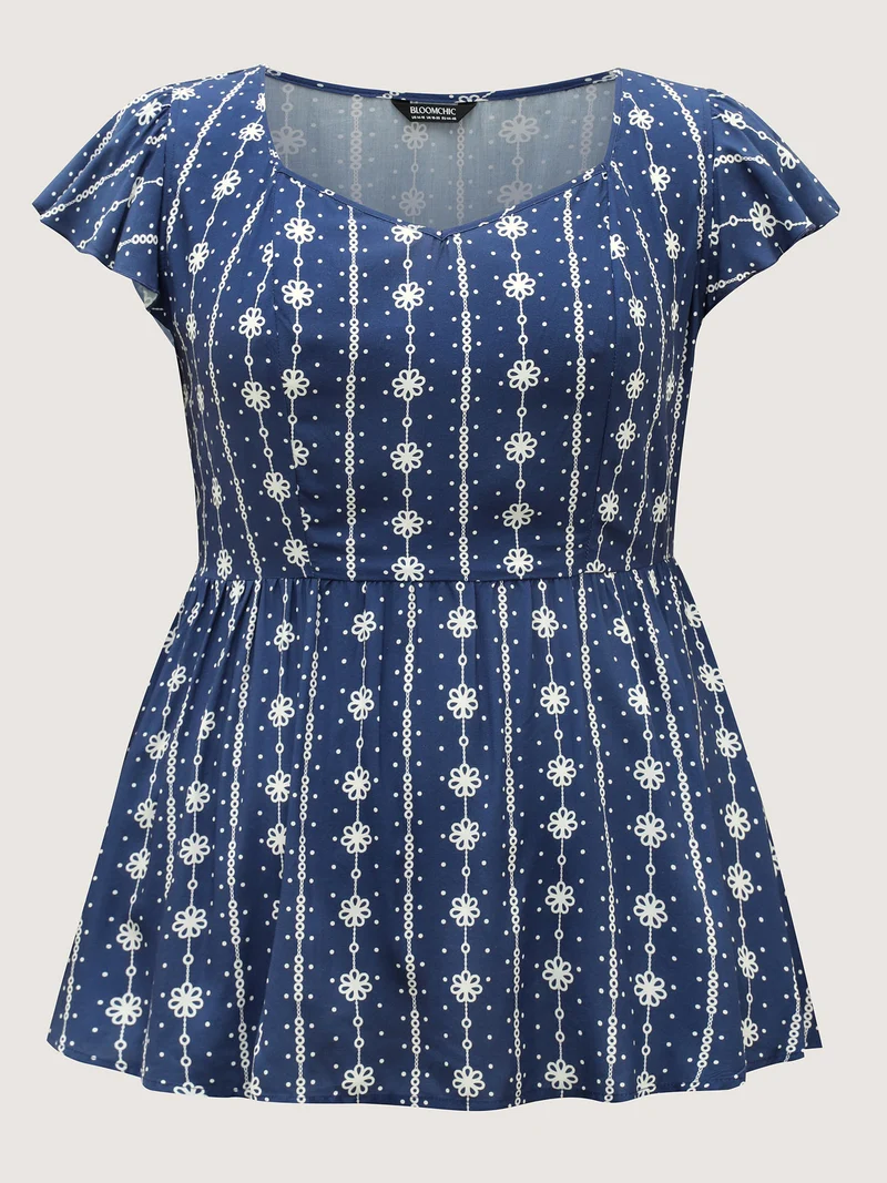 Rayon Floral Stripe Sweetheart Blouse