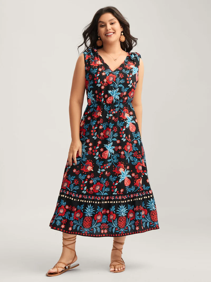 Boho Print Shoulder Tie Midi Dress