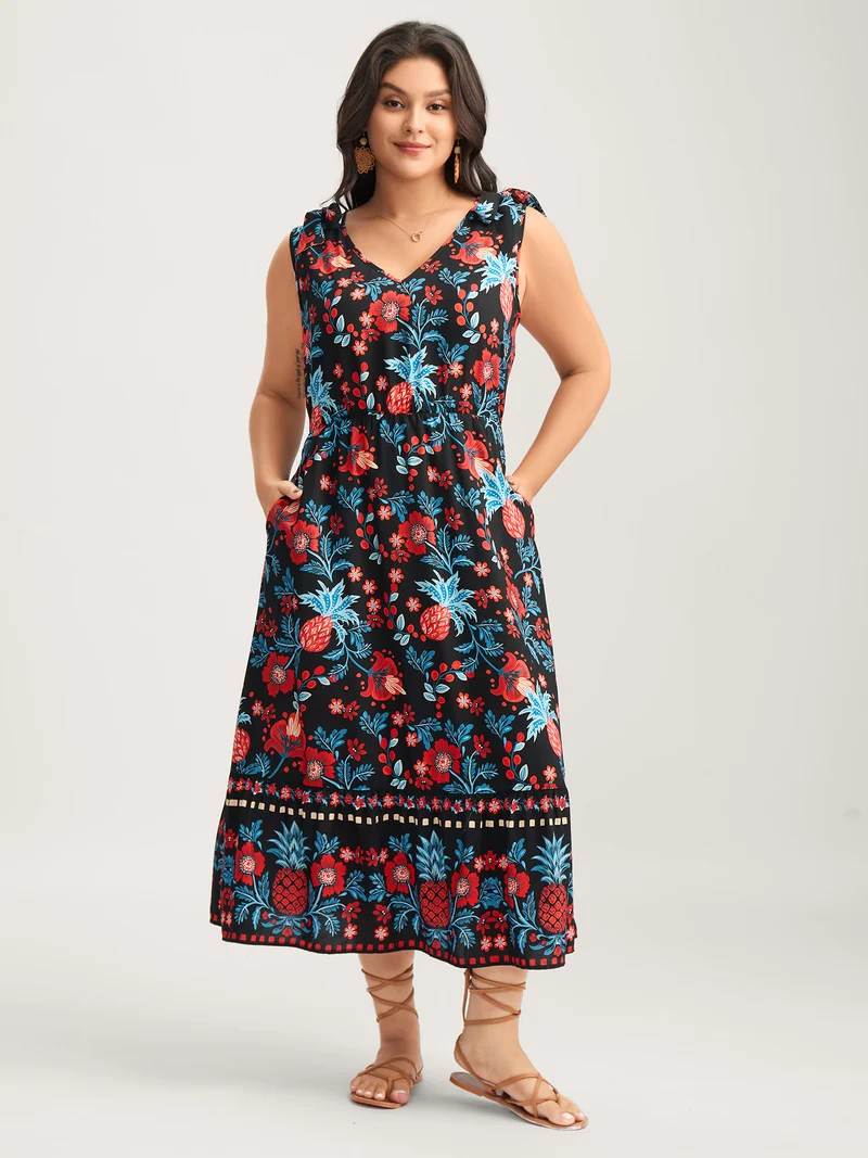 Boho Print Shoulder Tie Midi Dress