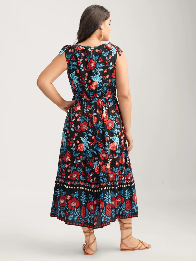 Boho Print Shoulder Tie Midi Dress