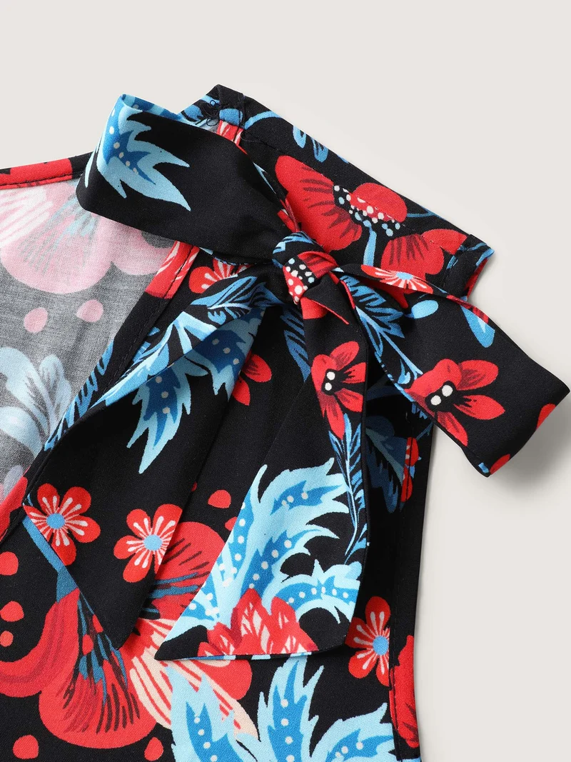 Boho Print Shoulder Tie Midi Dress
