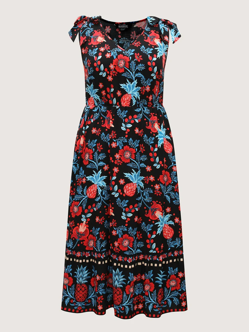 Boho Print Shoulder Tie Midi Dress