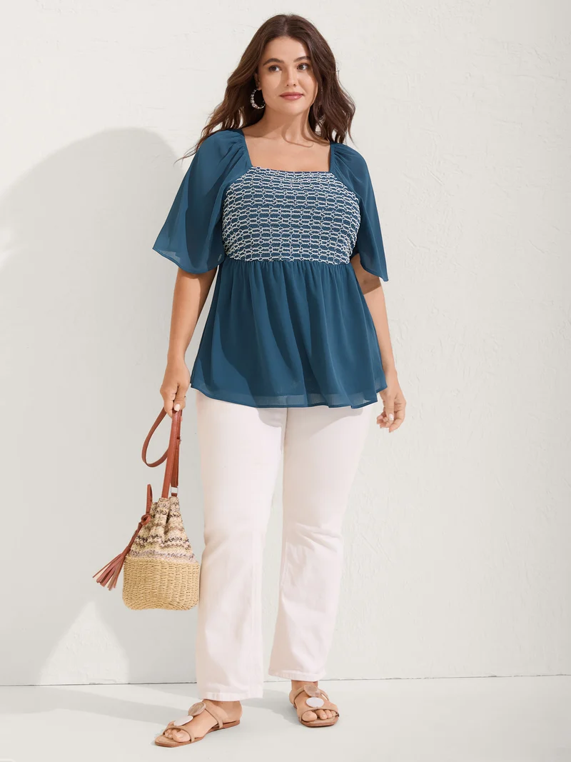 Shirred Ruffled Sleeve Color Contrast Blouse